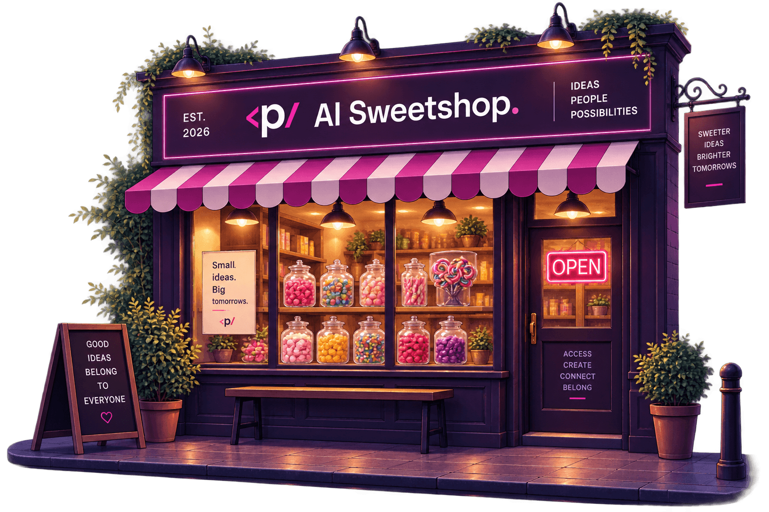 Illustration of the AI Sweetshop, a glowing corner shop filled with colourful sweet jars